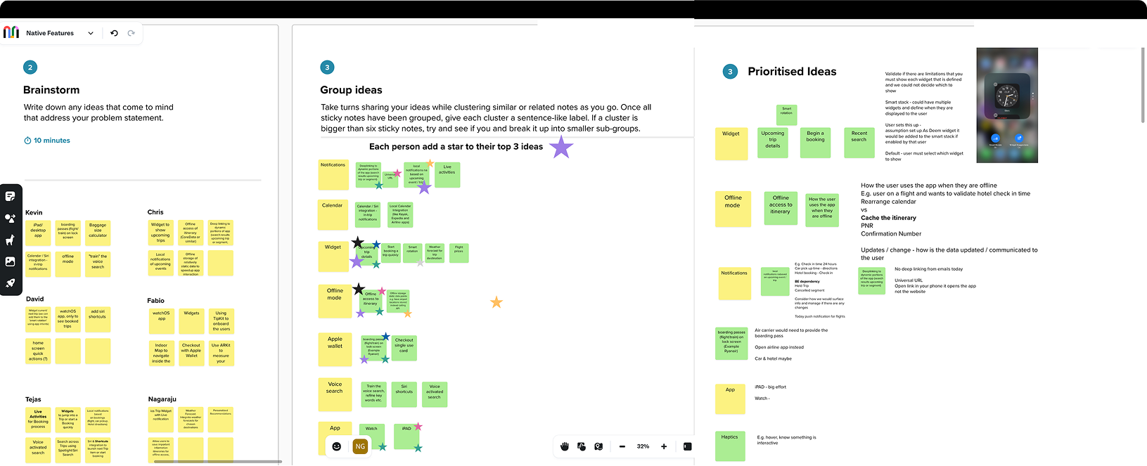 Brainstorm session and idea prioritisation — native features grouped and starred by team